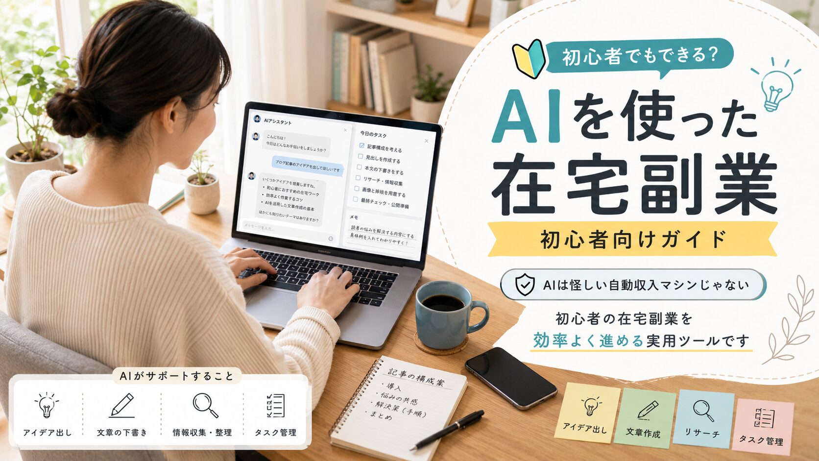 在宅でパソコン作業をする人物と、AIを使った在宅副業の初心者向けガイドを示すアイキャッチ画像