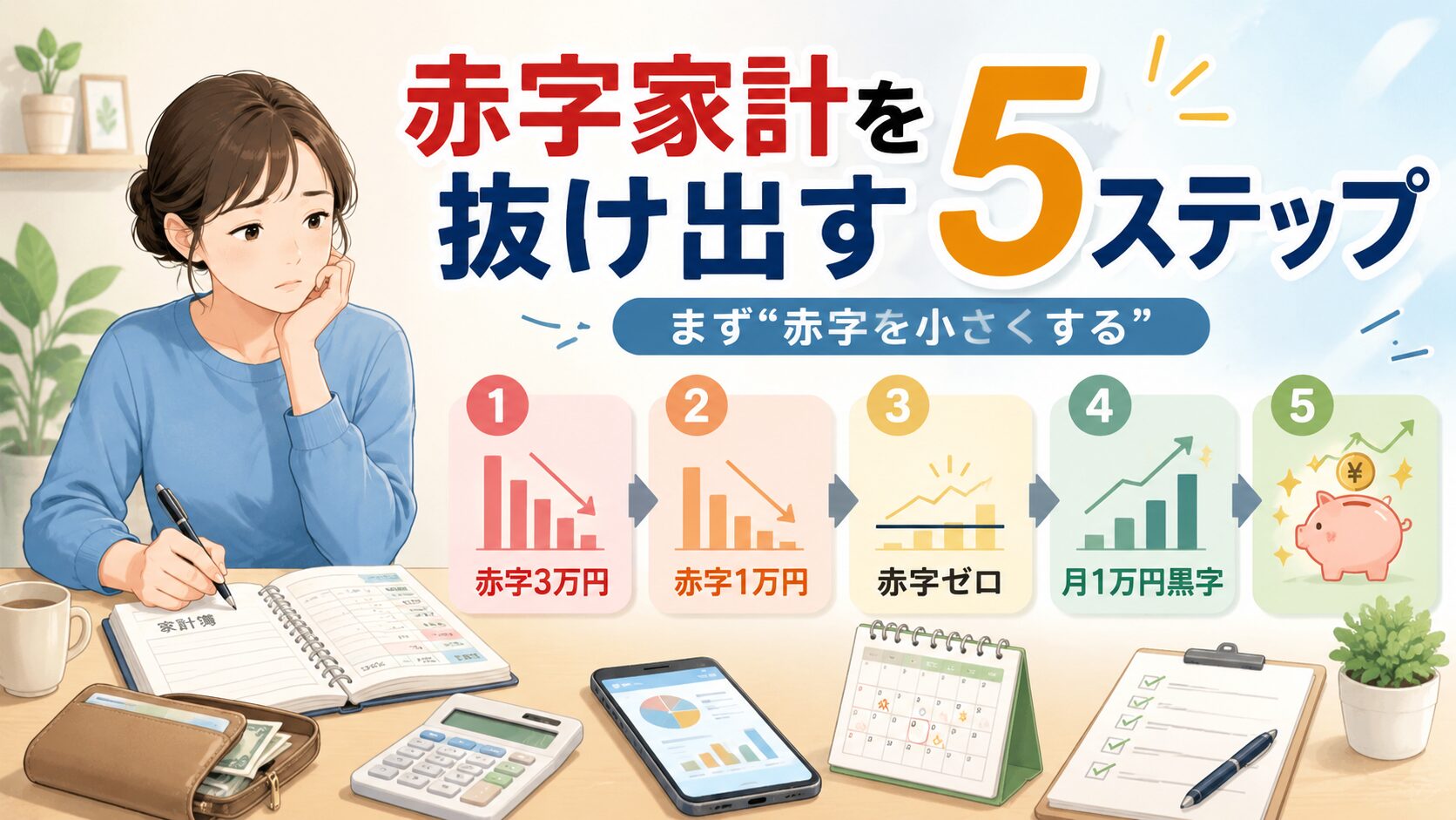 家計簿を書く人物の横に、「赤字3万円」「赤字1万円」「赤字ゼロ」「月1万円黒字」へ進む5ステップが並ぶアイキャッチ画像