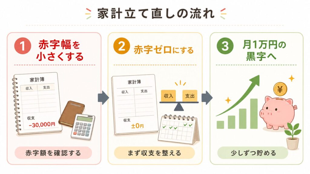「赤字幅を小さくする」「赤字ゼロにする」「月1万円の黒字へ」の3段階を、家計簿や貯金箱のイラストで示した図解