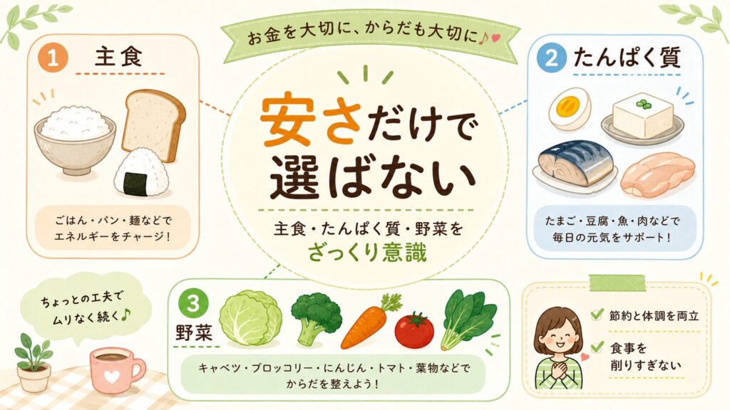 食費節約で安さだけを優先せず、主食、たんぱく質、野菜を意識することを示した図解画像
