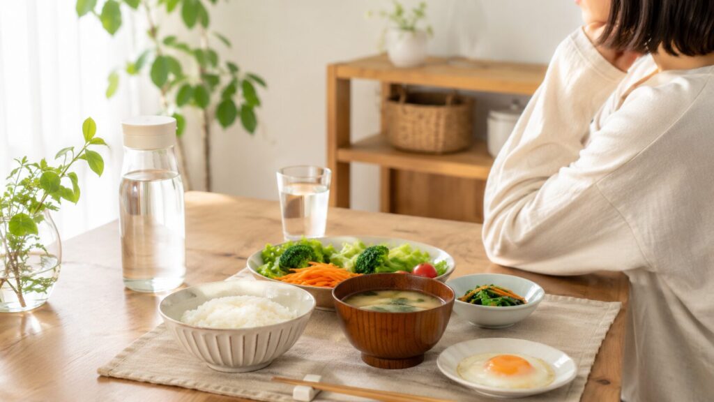 木のテーブルにご飯、みそ汁、卵、野菜、飲み物が並び、無理のない食費節約をイメージさせる食卓の画像