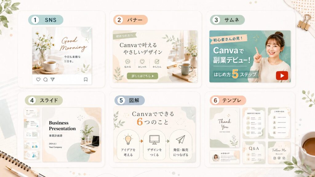 Canva副業でできる仕事内容を6つの作例カードで示した画像。SNS、バナー、YouTubeサムネイル、スライド、図解、テンプレートの制作例が一覧で並んでいる。