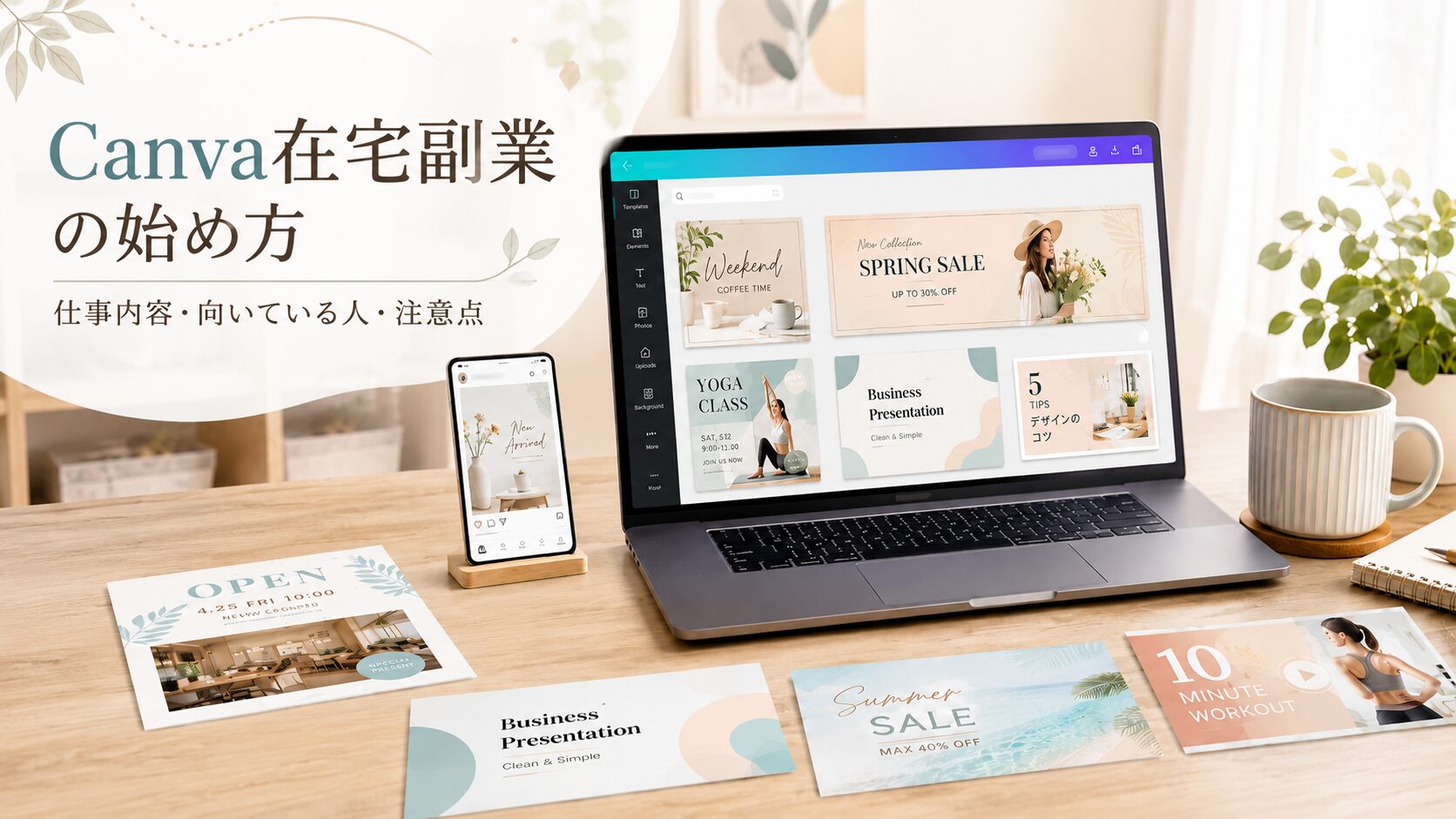 ノートPCにCanva風のデザイン編集画面が表示され、スマホやチラシ、バナー、資料デザインの作例が並ぶ、Canva在宅副業のイメージ画像。