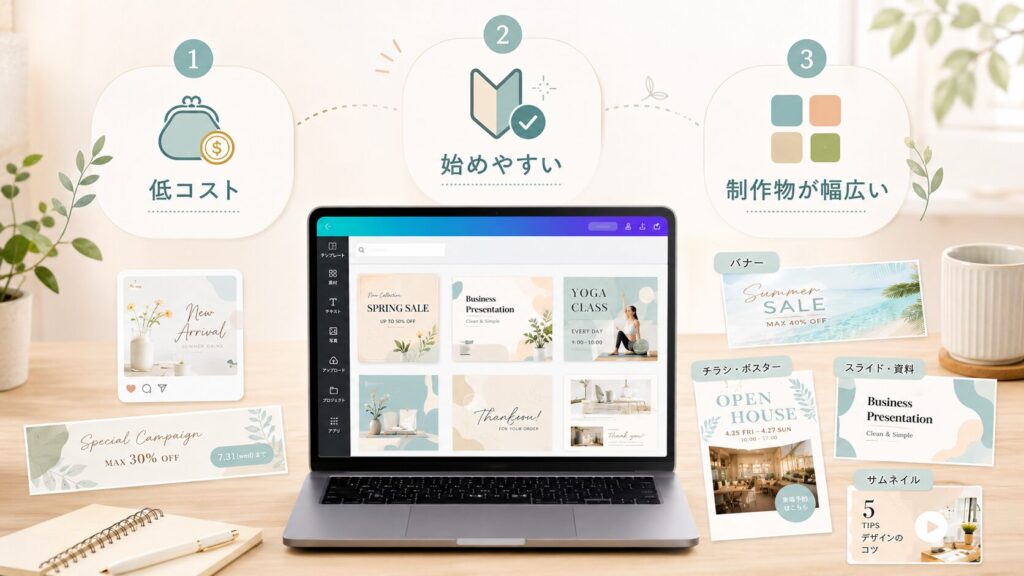 Canva在宅副業の全体像を示す図解。低コスト、始めやすい、制作物が幅広いという3つのポイントと、SNS画像・バナー・チラシ・スライド・サムネイルなどの作例が表示されている。