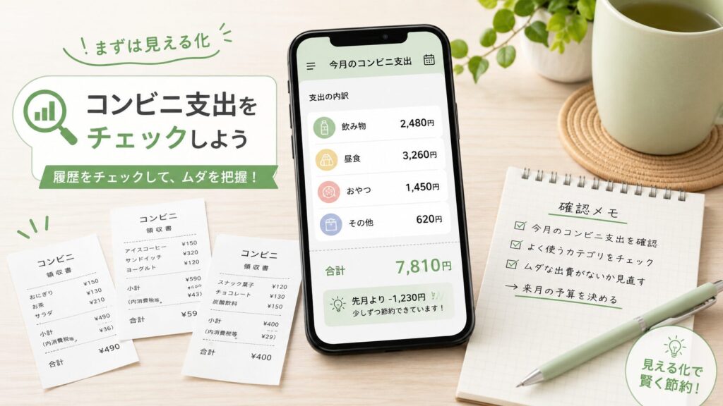 スマホの支出履歴、レシート、確認メモ、ペンを使ってコンビニ支出を見える化している画像