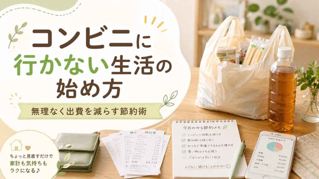 コンビニ袋、ペットボトル、財布、レシート、家計メモ、スマホを机に並べた、コンビニ出費の見直しを表すアイキャッチ画像