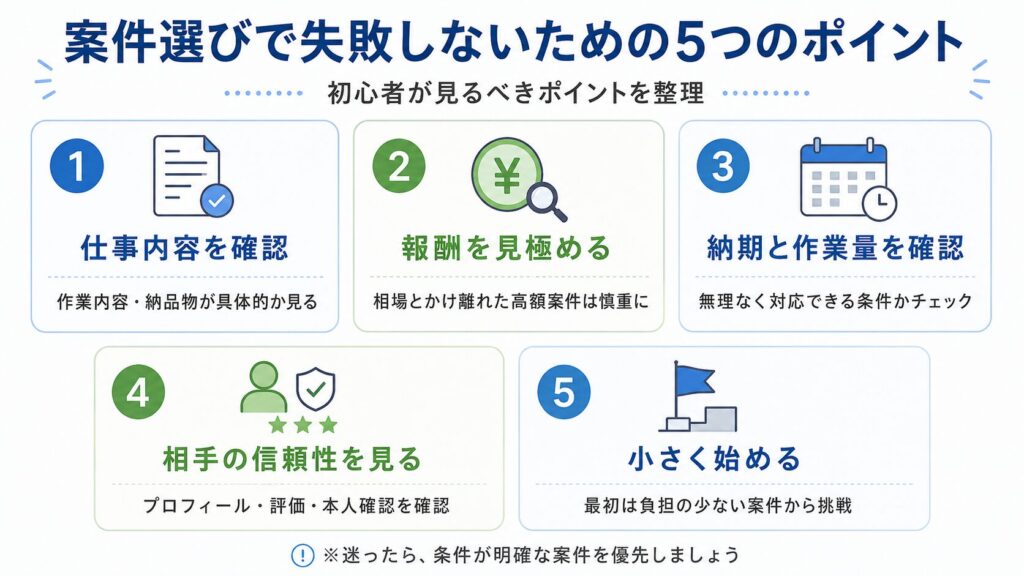 クラウドワークスの案件選びで失敗しないための5つのポイントを整理した図。仕事内容の確認、報酬の見極め、納期と作業量の確認、相手の信頼性、小さく始めることを解説している。