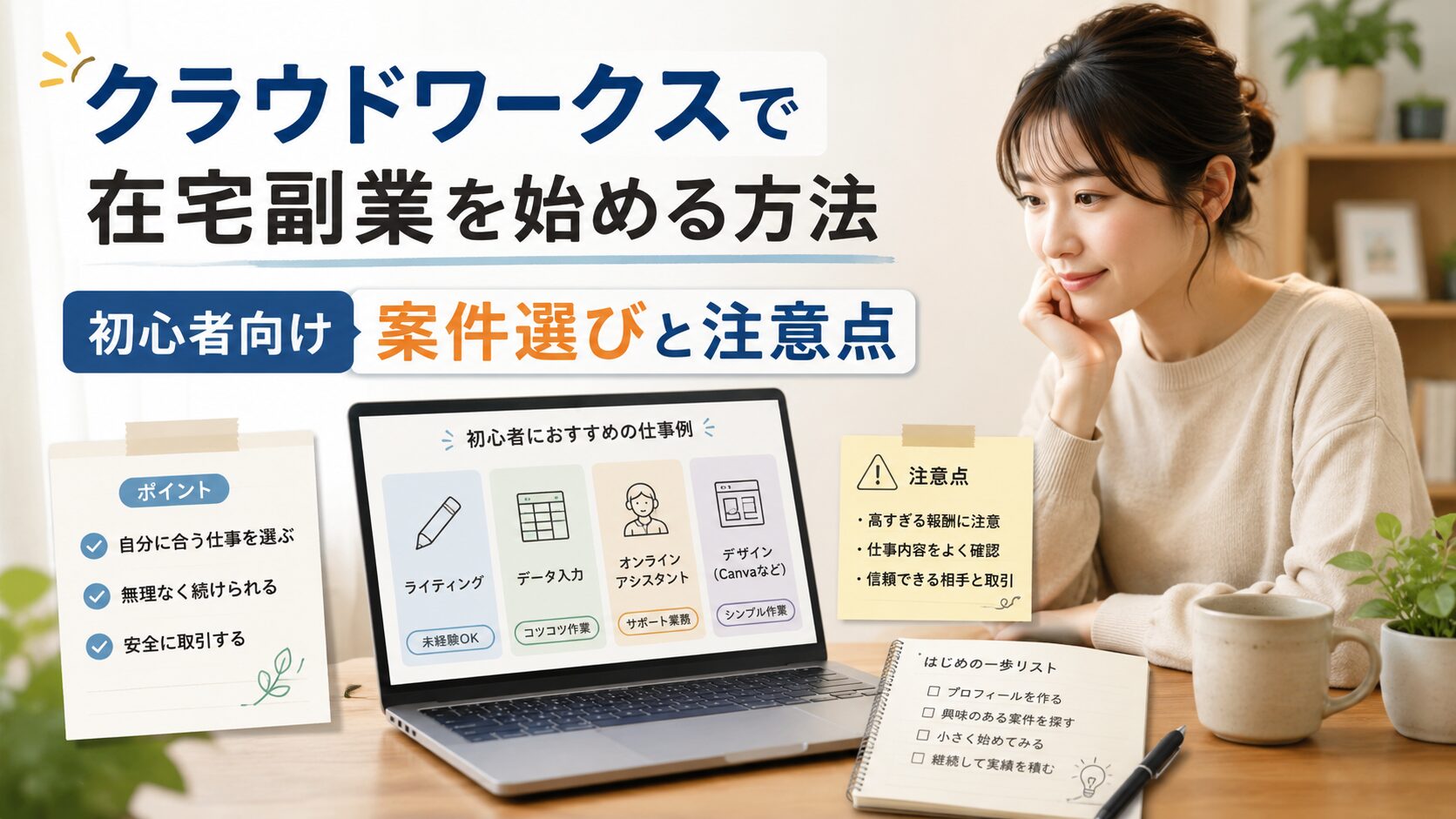 クラウドワークスで在宅副業を始める方法を解説するアイキャッチ画像。ノートPCで初心者向け案件を確認している女性のイメージ。
