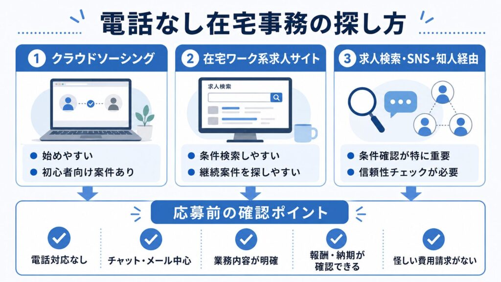 クラウドソーシング、在宅ワーク系求人サイト、求人検索・SNS・知人経由で電話なし在宅事務を探す方法と、応募前の確認ポイントをまとめた図解