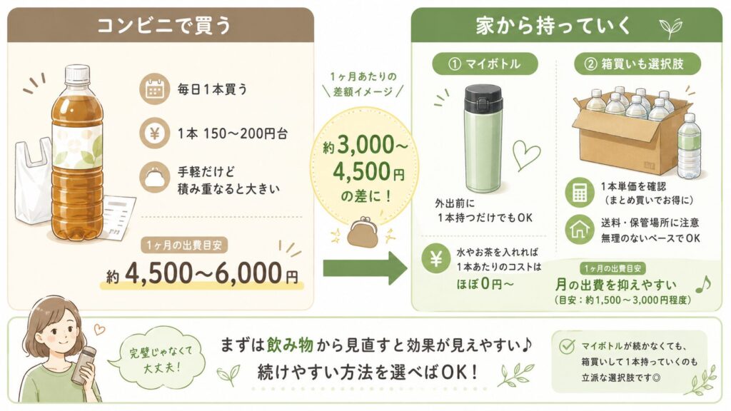 コンビニで飲み物を買う場合と、マイボトルや箱買いした飲み物を家から持っていく場合を比較した図解