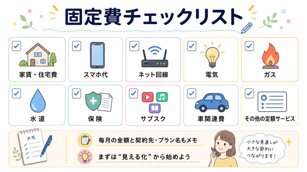 家賃・住宅費、スマホ代、ネット回線、電気、ガス、水道、保険、サブスク、車関連費、その他の定額サービスをチェック項目として並べた図解。