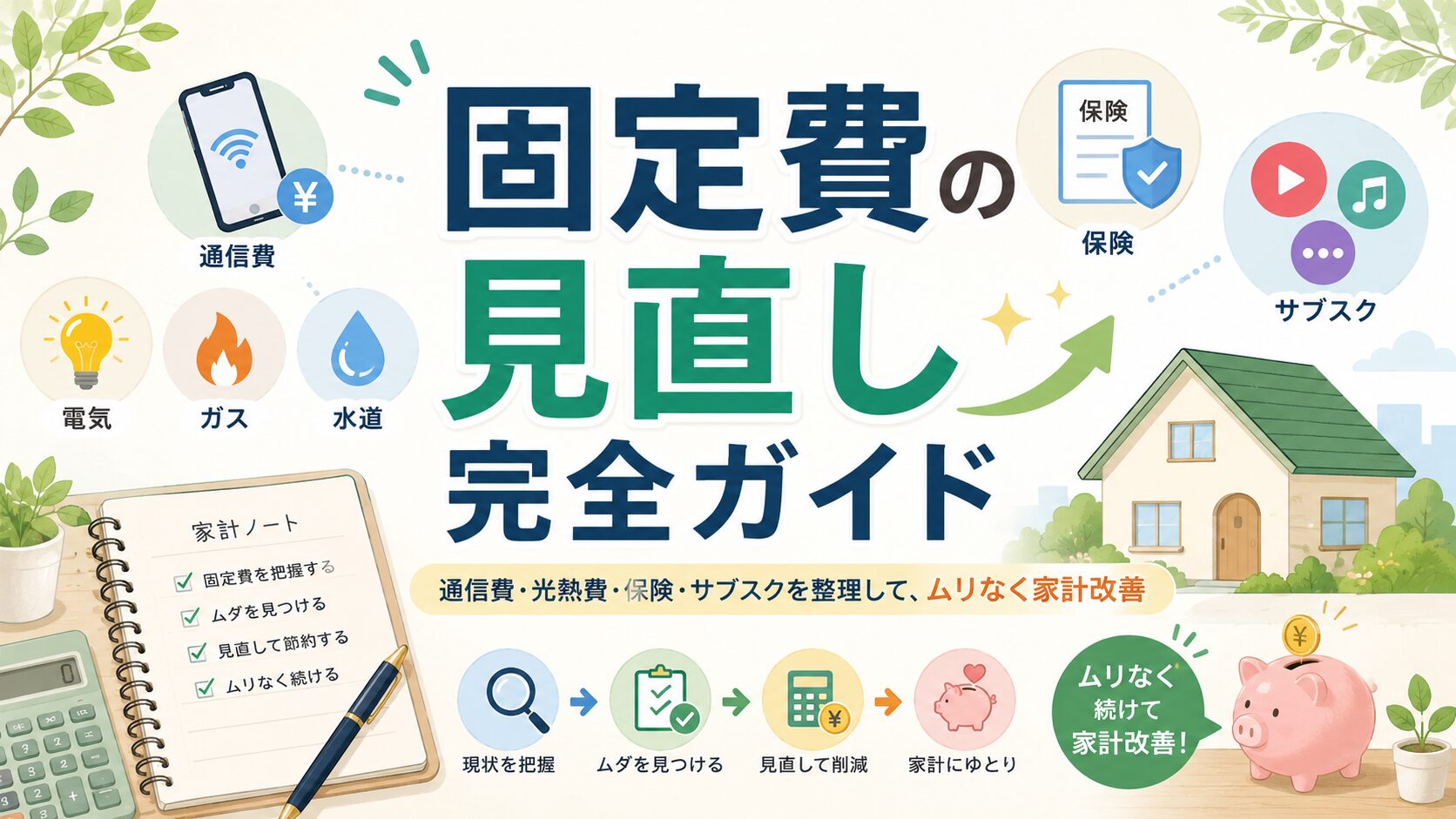 「固定費の見直し完全ガイド」というタイトルと、スマホ、電気・ガス・水道、保険、サブスク、家、家計ノートなどのアイコンを配置したアイキャッチ画像。