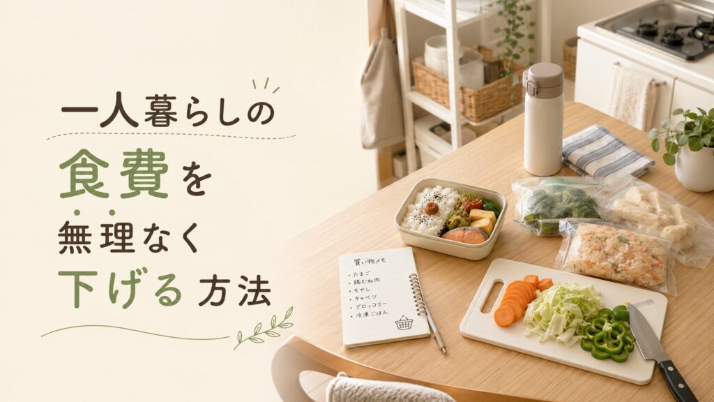 一人暮らしの食卓に弁当、水筒、冷凍食品、カット野菜、買い物メモが並び、「一人暮らしの食費を無理なく下げる方法」という文字が入ったアイキャッチ画像