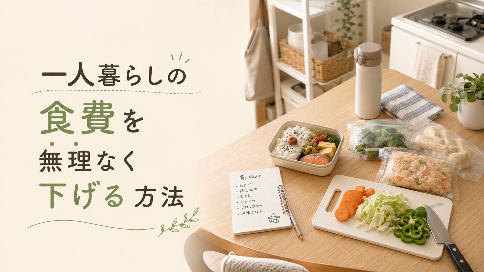 一人暮らしの食卓に弁当、水筒、冷凍食品、カット野菜、買い物メモが並び、「一人暮らしの食費を無理なく下げる方法」という文字が入ったアイキャッチ画像