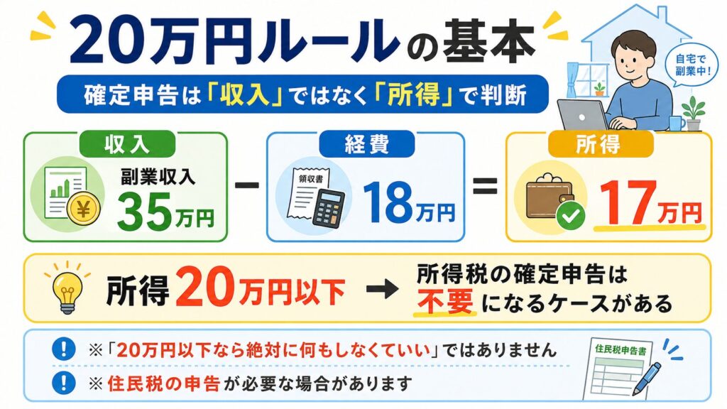 副業収入35万円から経費18万円を差し引き、所得17万円になる例で20万円ルールを説明した図解