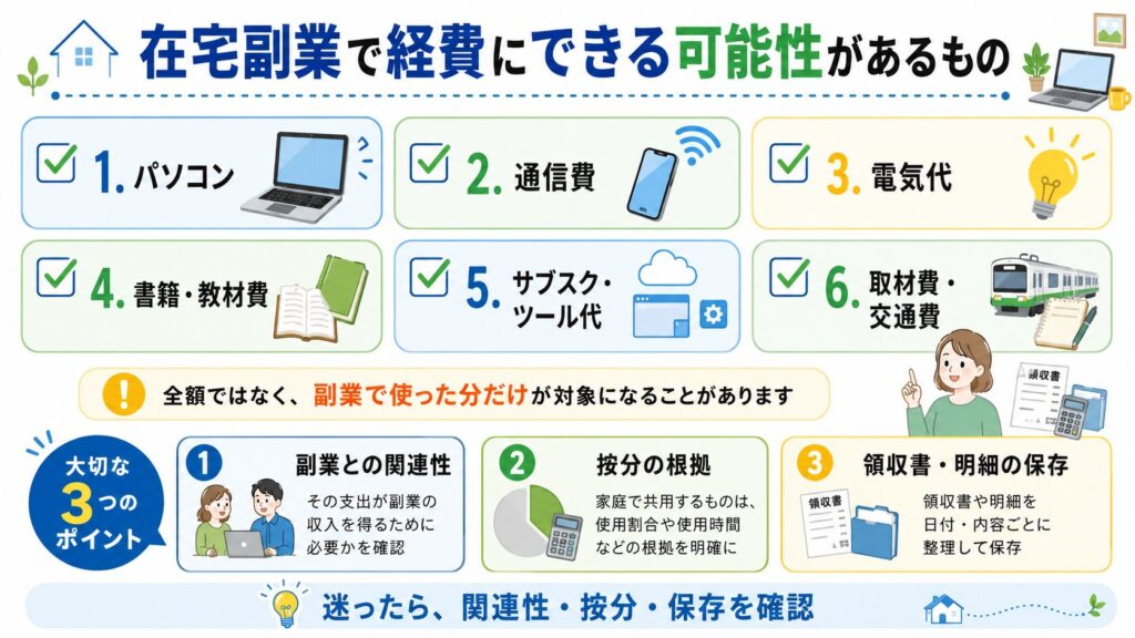 パソコン、通信費、電気代、書籍教材費、サブスク代、取材費交通費など在宅副業で経費にできる可能性があるものをまとめた図解