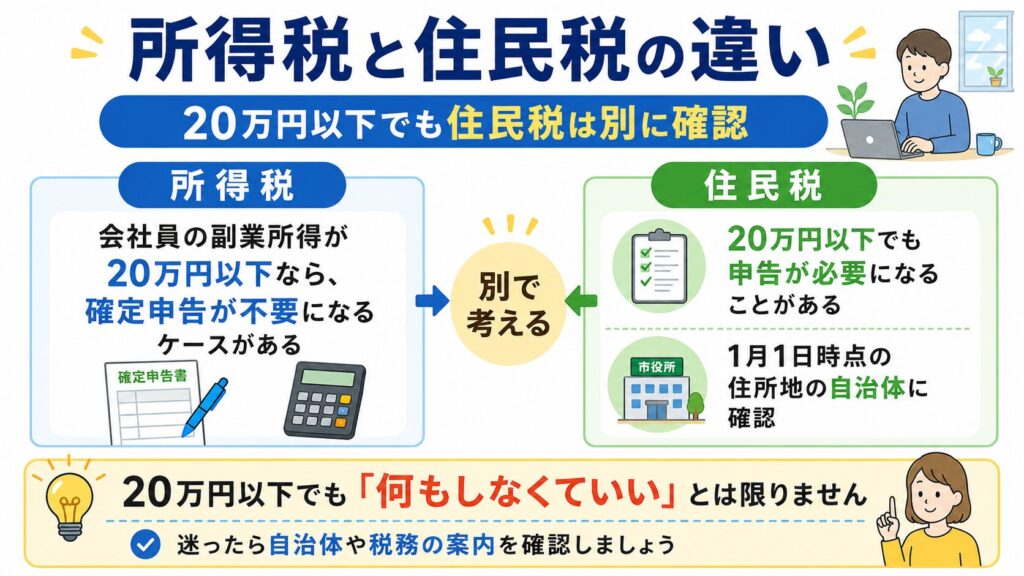 副業所得20万円以下でも住民税の申告が必要になることがあると説明した所得税と住民税の比較図