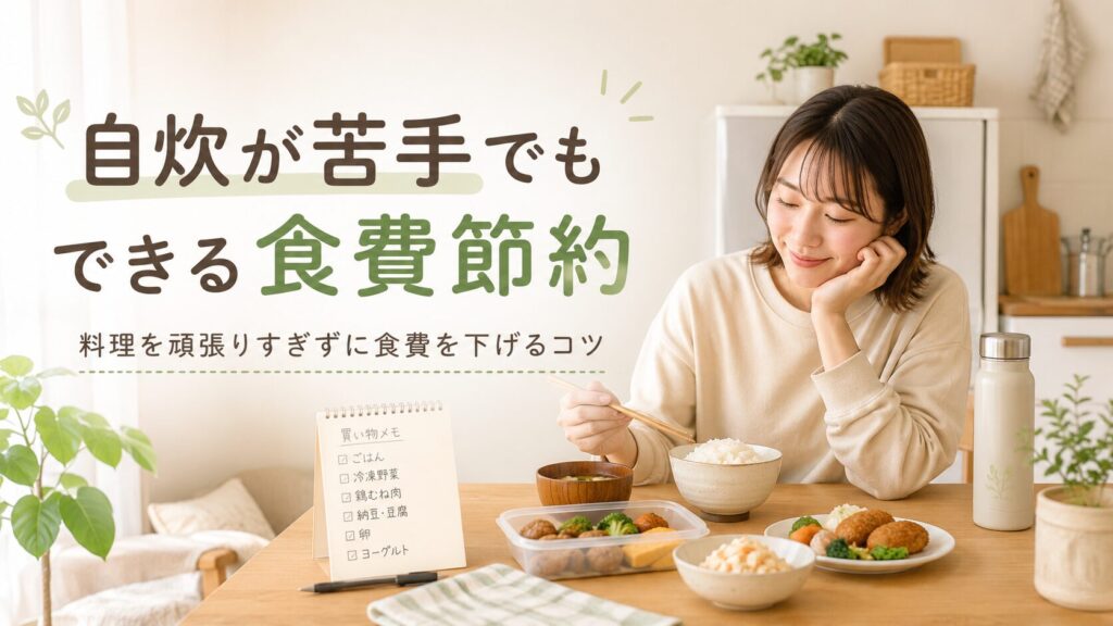 「自炊が苦手でもできる食費節約」という文字と、食卓にご飯・惣菜・水筒・買い物メモが並ぶ一人暮らし向けのアイキャッチ画像