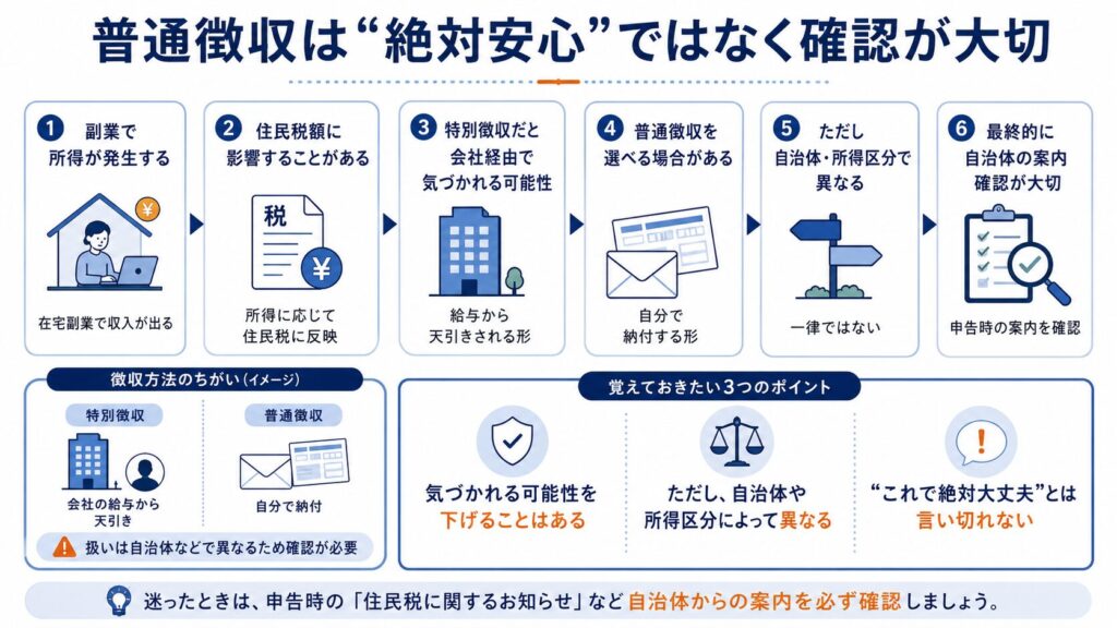 副業所得が住民税に影響し、特別徴収と普通徴収で納付方法が異なること、ただし自治体や所得区分によって扱いが異なることを説明した図解