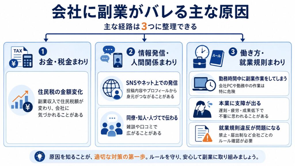 会社に副業がバレる主な原因として、住民税の金額変化、SNSや人づての情報拡散、勤務時間中の作業、本業への支障、就業規則違反を整理した図解