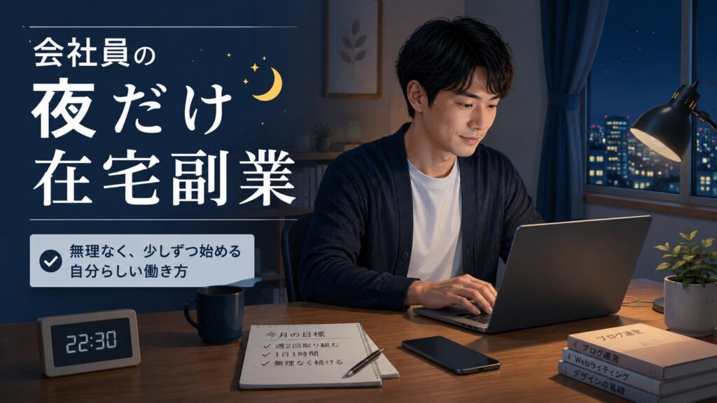 夜の自宅で会社員がパソコンを使い、在宅副業に取り組んでいる様子