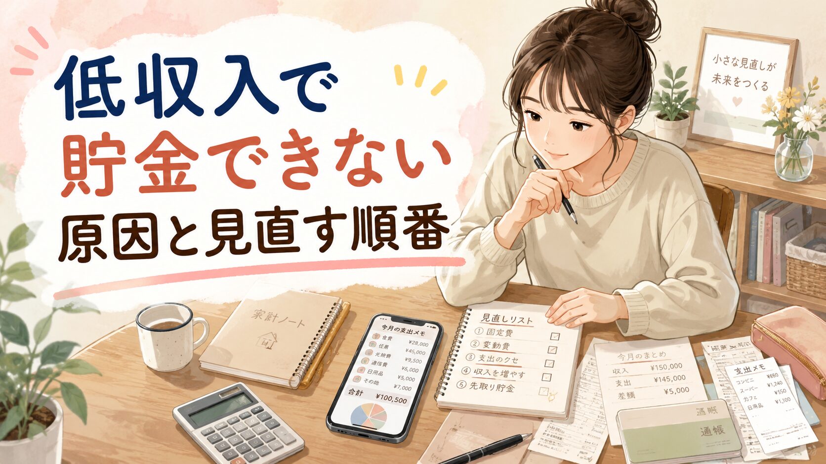 「低収入で貯金できない原因と見直す順番」というタイトルと、家計ノート・スマホ明細・通帳を見ながら支出を整理している人物のイラスト。