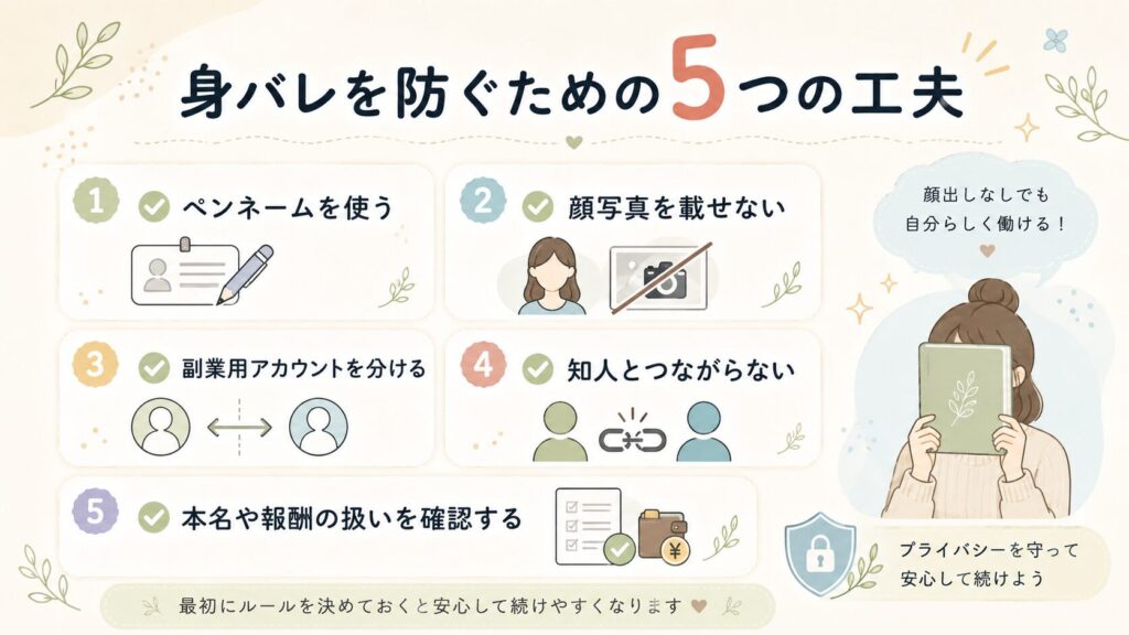 身バレを防ぐための5つの工夫をチェックリスト形式でまとめた図解