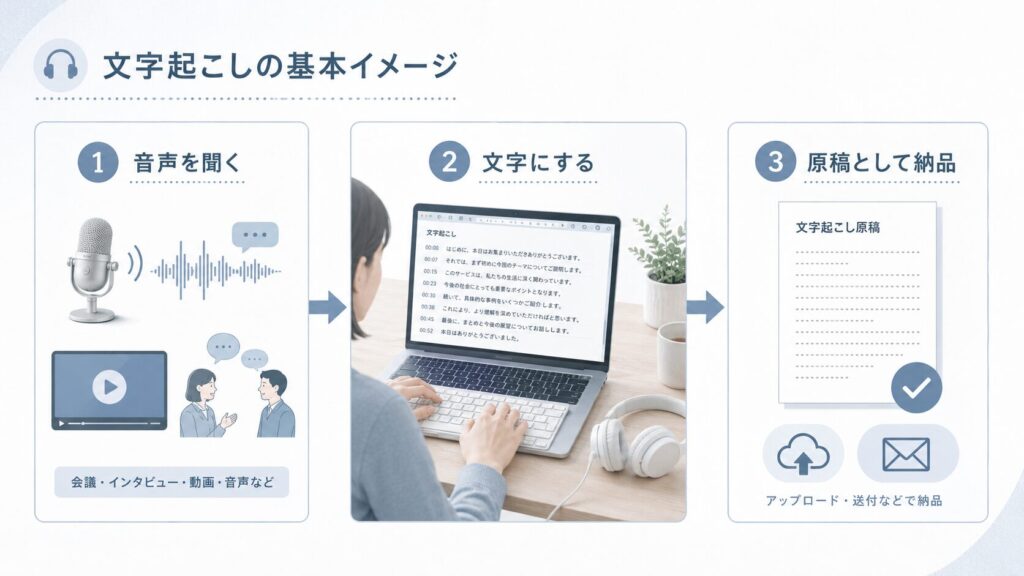 文字起こしの基本イメージを示した図解。音声を聞く、文字にする、原稿として納品する流れを3ステップで紹介している画像