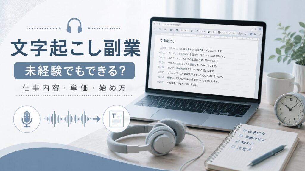 ノートPCとヘッドホンを使って、文字起こし副業の仕事内容・単価・始め方を紹介するアイキャッチ画像