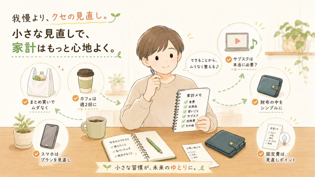家計メモを持つ人物の周りに、買い物袋、カフェ、スマホ、サブスク、財布、固定費の見直しを示すアイコンが配置された家計改善のイメージ画像
