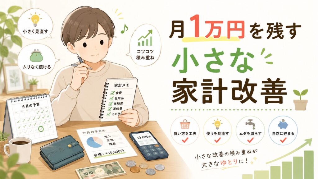 家計メモを持つ人物と、財布・カレンダー・スマホ・小銭・家計改善のチェック項目が描かれた「月1万円を残す 小さな家計改善」のアイキャッチ画像