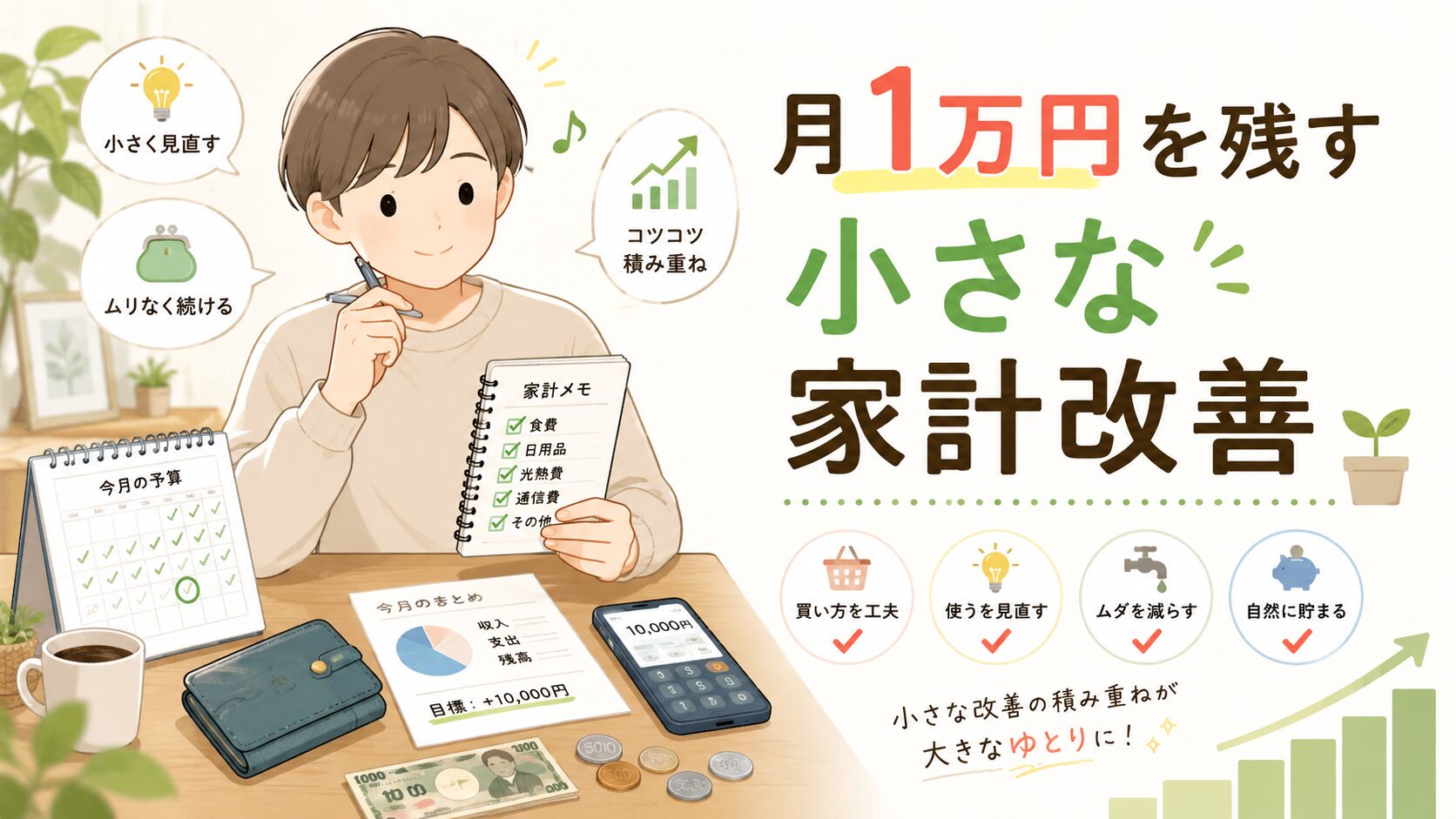 家計メモを持つ人物と、財布・カレンダー・スマホ・小銭・家計改善のチェック項目が描かれた「月1万円を残す 小さな家計改善」のアイキャッチ画像