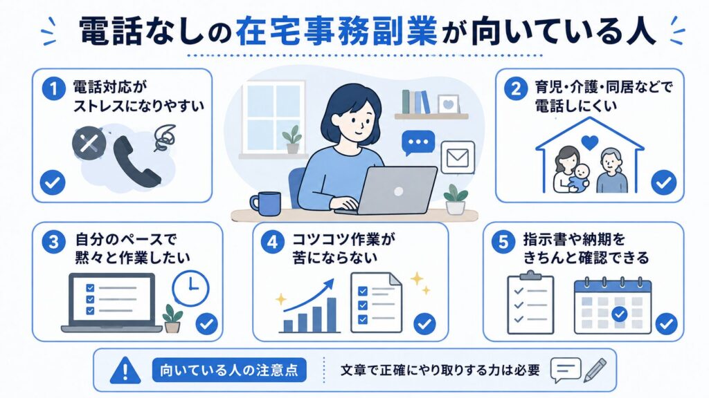 電話対応がストレスになりやすい人、育児・介護などで電話しにくい人、自分のペースで黙々と作業したい人など、電話なしの在宅事務副業が向いている人の特徴を整理した図解。