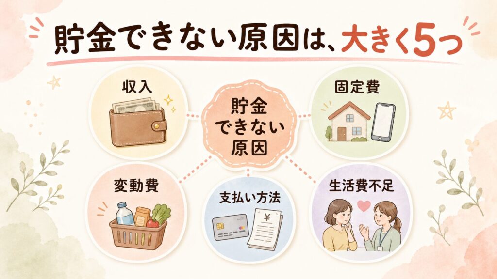貯金できない原因を「収入」「固定費」「変動費」「支払い方法」「生活費不足」の5つに分けた図解。