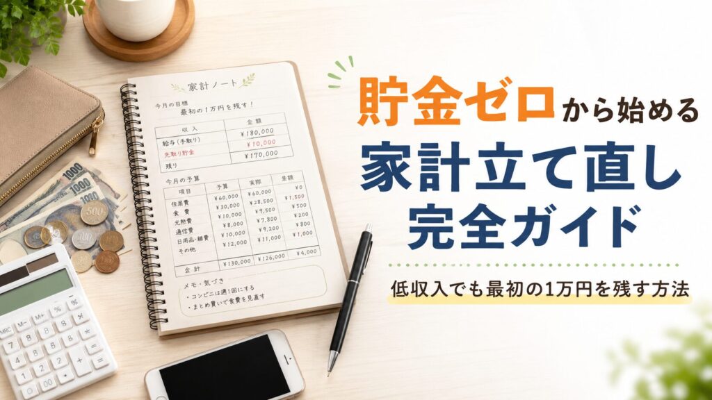 家計ノート、財布、小銭、電卓、スマートフォンの横に「貯金ゼロから始める家計立て直し完全ガイド」と書かれたアイキャッチ画像