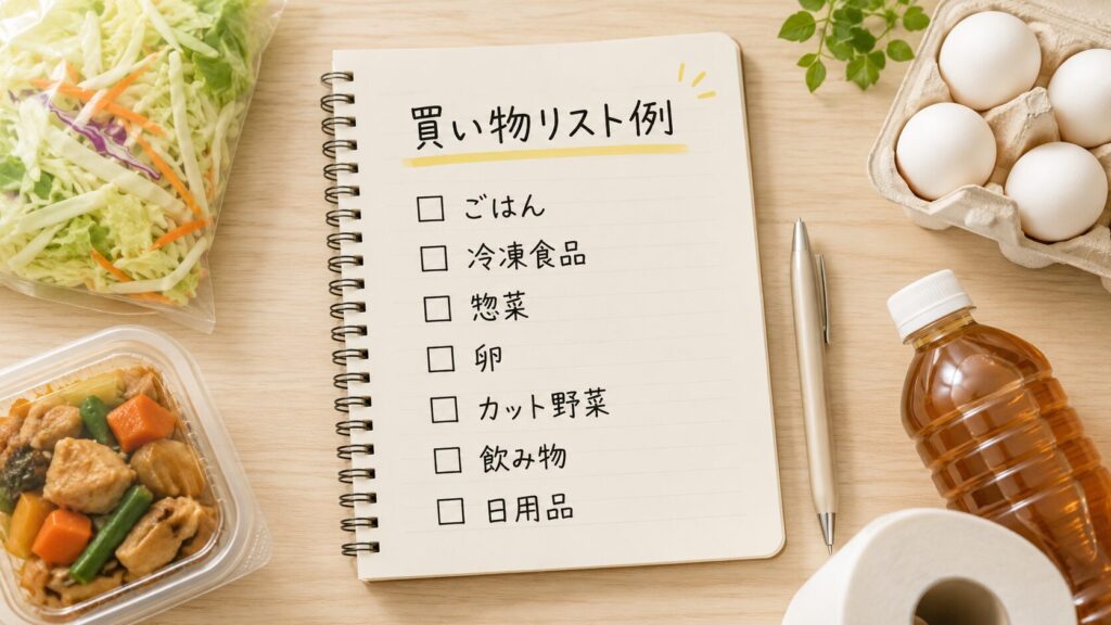 「買い物リスト例」と書かれたノートに、ごはん・冷凍食品・惣菜・卵・カット野菜・飲み物・日用品のチェックリストが並んでいる画像