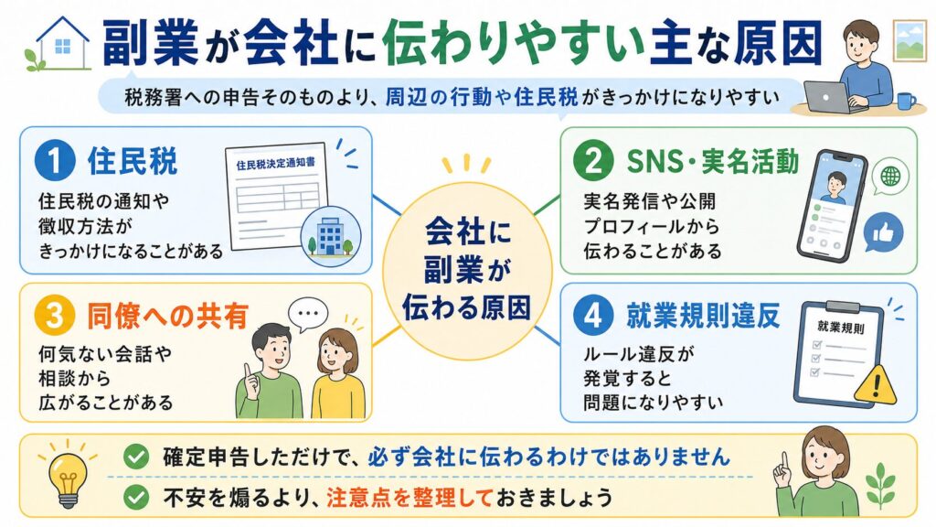 住民税、SNS実名活動、同僚への共有、就業規則違反など副業が会社に伝わりやすい原因を整理した図解