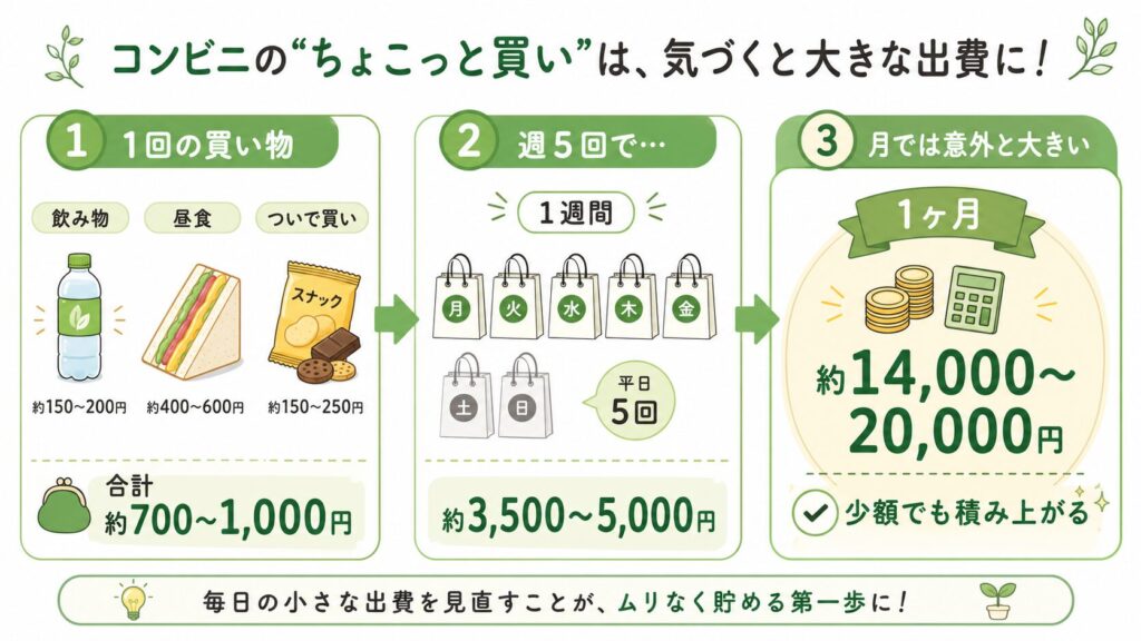 飲み物、昼食、ついで買いの少額出費が、週5回・1ヶ月で積み上がる流れを示した図解