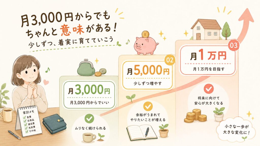 月3,000円、月5,000円、月1万円へ段階的に進むステップと、貯金箱・財布・家・上向き矢印が描かれた図解画像