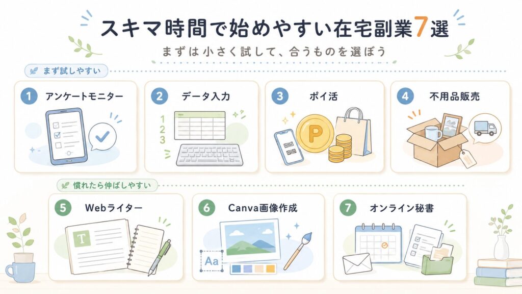 主婦（夫）がスキマ時間に始めやすい在宅副業7選を一覧でまとめた図。アンケートモニター、データ入力、ポイ活、不用品販売、Webライター、Canva画像作成、オンライン秘書を紹介している。