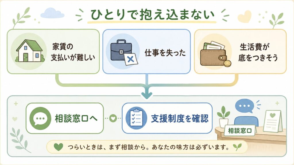 家賃の支払いが難しい、仕事を失った、生活費が底をつきそうという3つの状況から、相談窓口と支援制度の確認へ進む流れを示した図解
