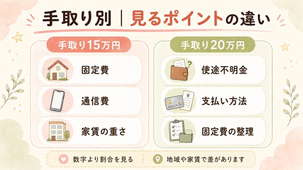 手取り15万円では固定費・通信費・家賃の重さ、手取り20万円では使途不明金・支払い方法・固定費の整理を見ることを示した比較図。