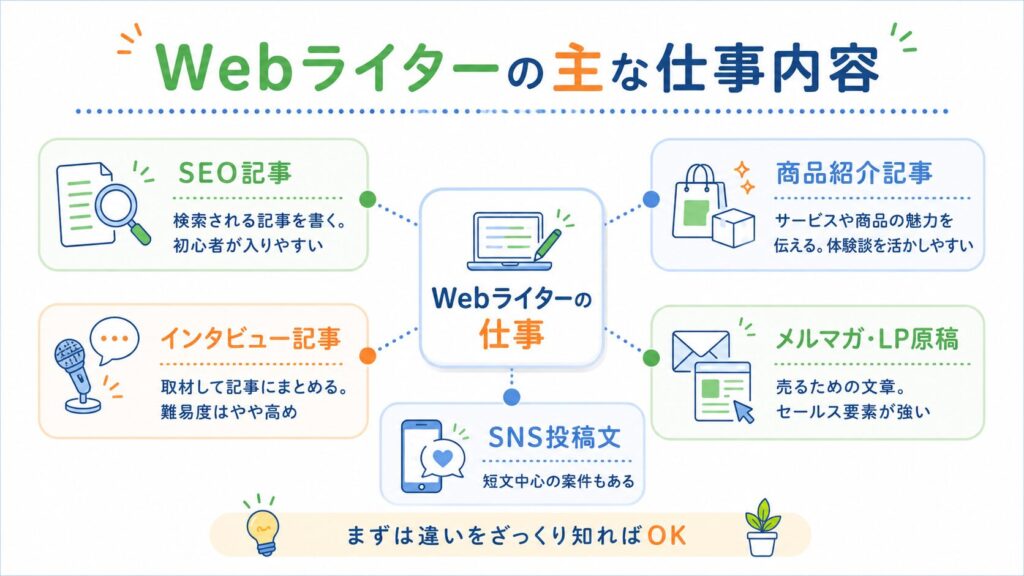 Webライターの主な仕事内容を整理した図。SEO記事、商品紹介記事、インタビュー記事、メルマガ・LP原稿、SNS投稿文の特徴を紹介している。