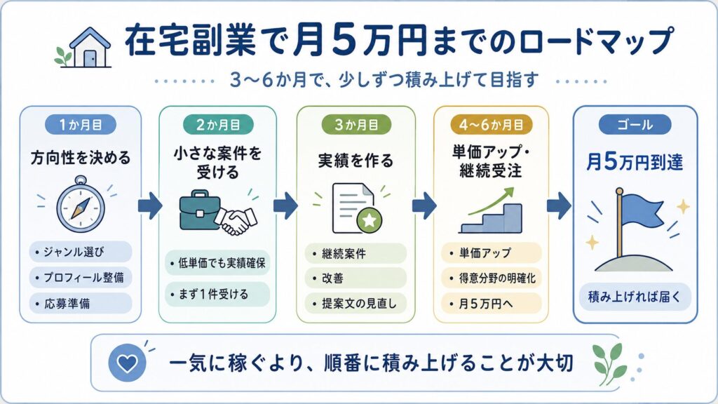 在宅副業で月5万円を目指すために、1か月目から6か月目までの行動ステップを示したロードマップ図