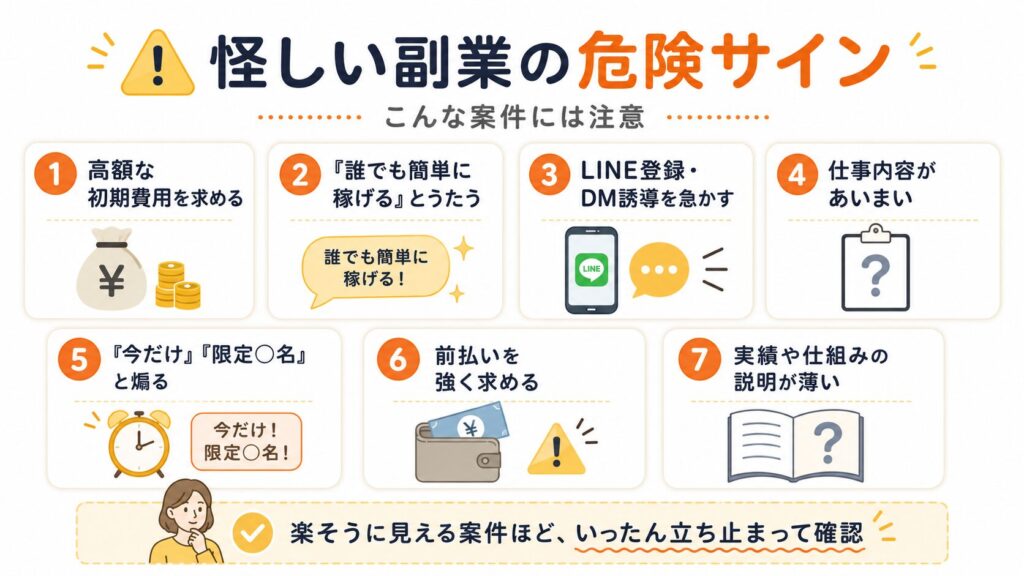 高額な初期費用、誰でも簡単に稼げるという表現、DM誘導、仕事内容があいまいな案件など、怪しい副業の危険サインをまとめた図