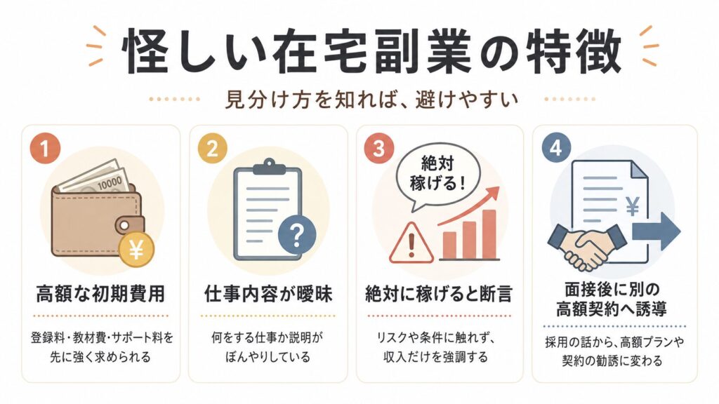 怪しい在宅副業の特徴をまとめた図解。高額な初期費用、仕事内容が曖昧、絶対に稼げると断言、面接後に別の高額契約へ誘導、の4つを示している