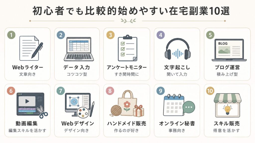 初心者でも比較的始めやすい在宅副業10選の一覧図。Webライター、データ入力、アンケートモニター、文字起こし、ブログ運営、動画編集、Webデザイン、ハンドメイド販売、オンライン秘書、スキル販売を紹介している