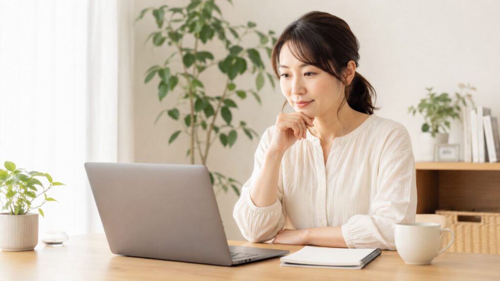 ノートパソコンを見ながら、自宅で在宅副業について調べている女性