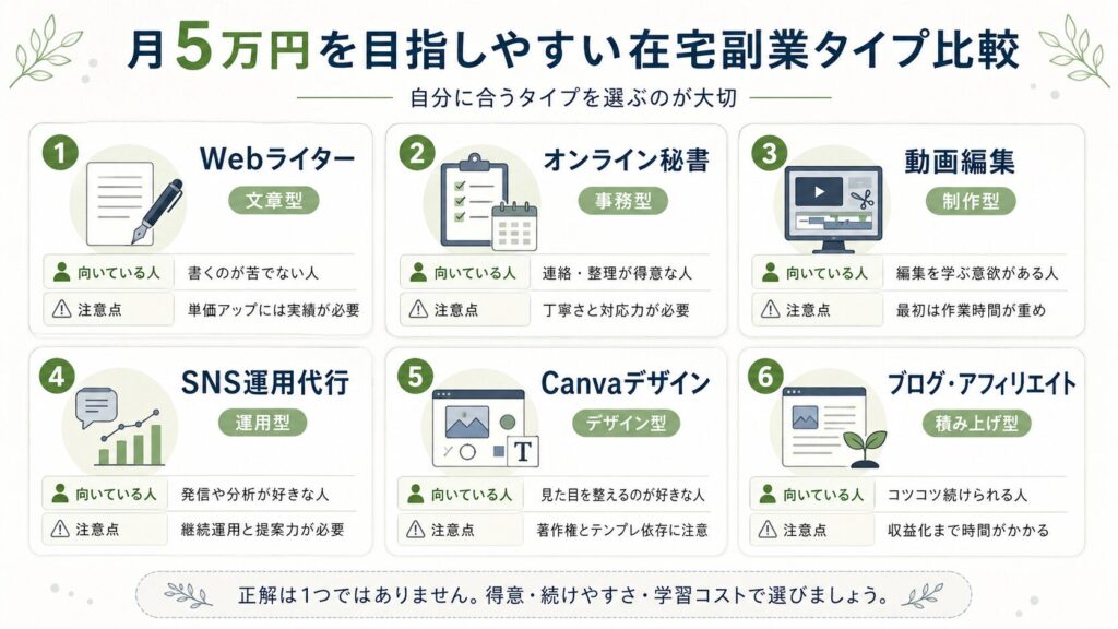 Webライター、オンライン秘書、動画編集、SNS運用代行、Canvaデザイン、ブログ・アフィリエイトの特徴を比較した図