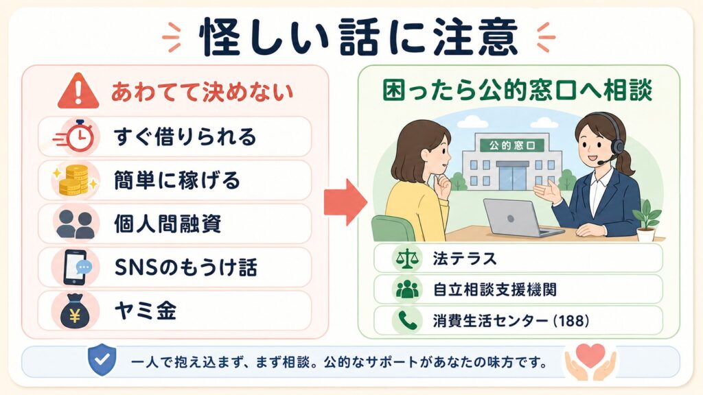 「怪しい話に注意」という見出しのもと、「すぐ借りられる」「簡単に稼げる」「個人間融資」「SNSのもうけ話」「ヤミ金」を注意例として並べ、公的窓口への相談を促す図解。